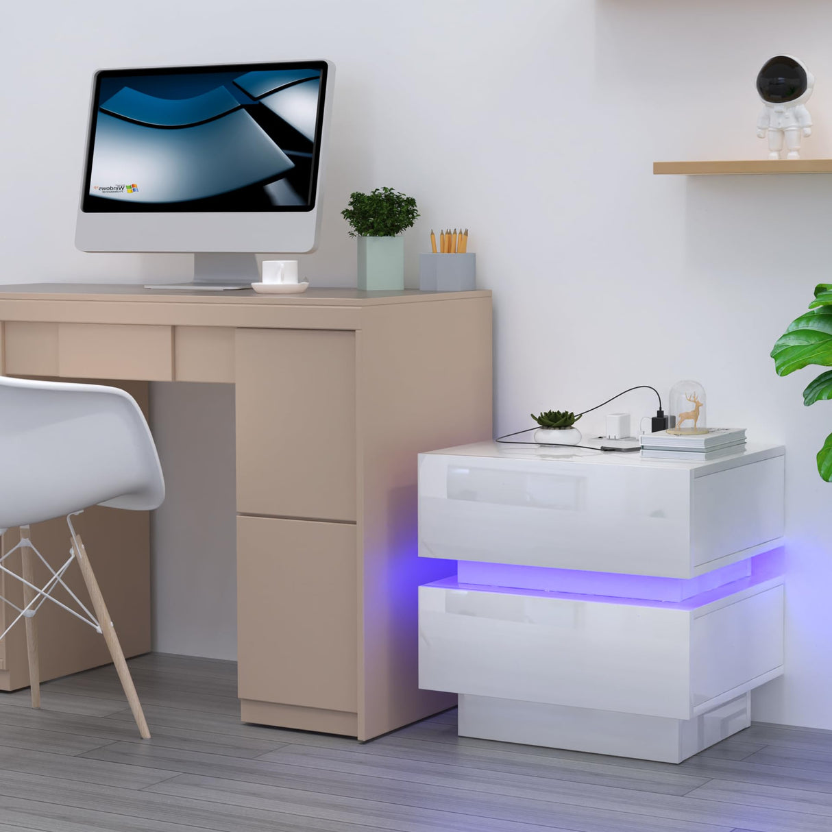 LED Night Stand with Charging Station,Modern Nightstand Set with 2 Drawers