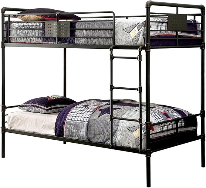 Metal Twin Size Bunk Bed with Attached Ladder, Black,