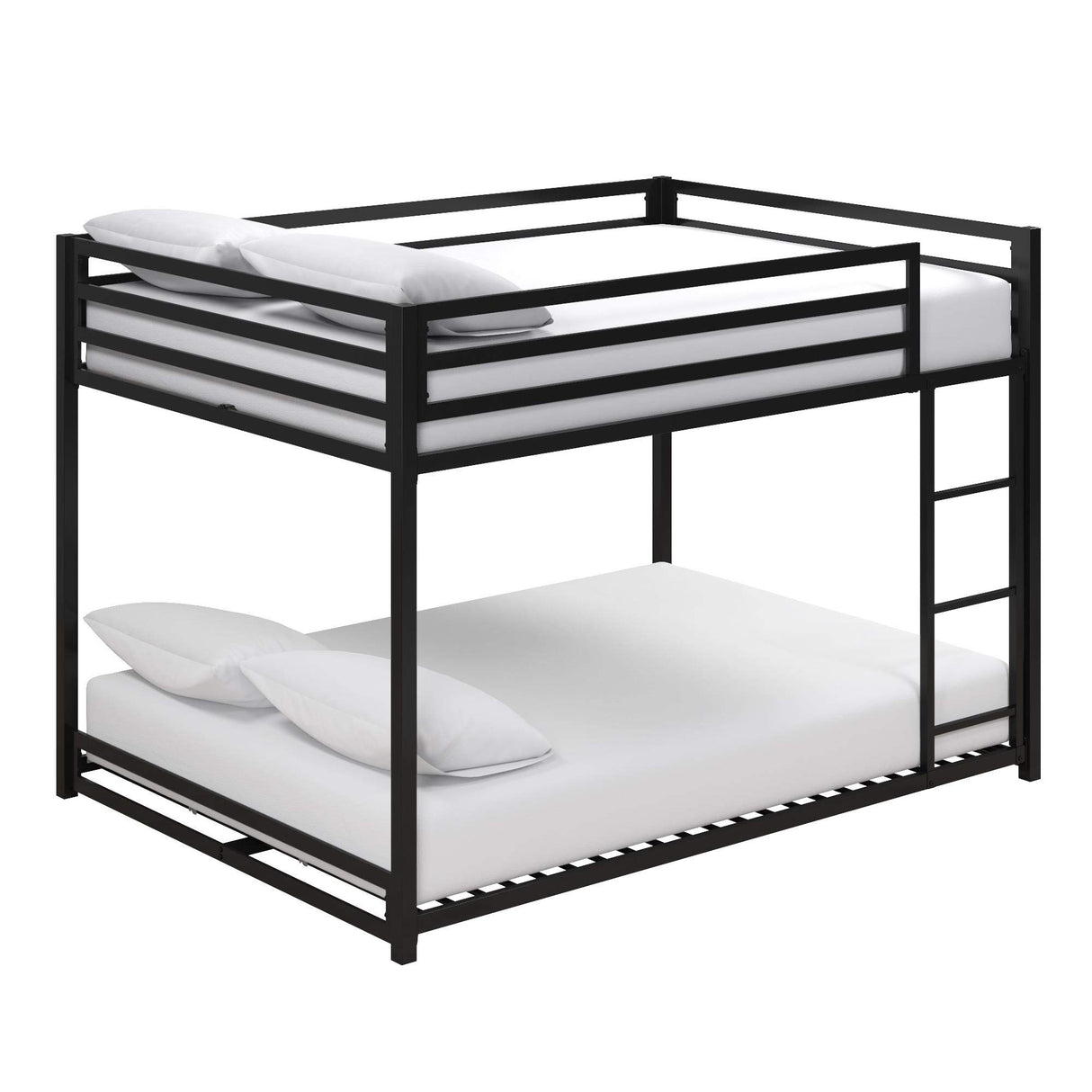 Metal Bunk Bed Frame for Kids, With Built-in Ladder, High Guardrail and Metal Slats, Floor Bed Bottom Bunk, No Boxspring Required, For Small Spaces, Full-Over-Full, Black