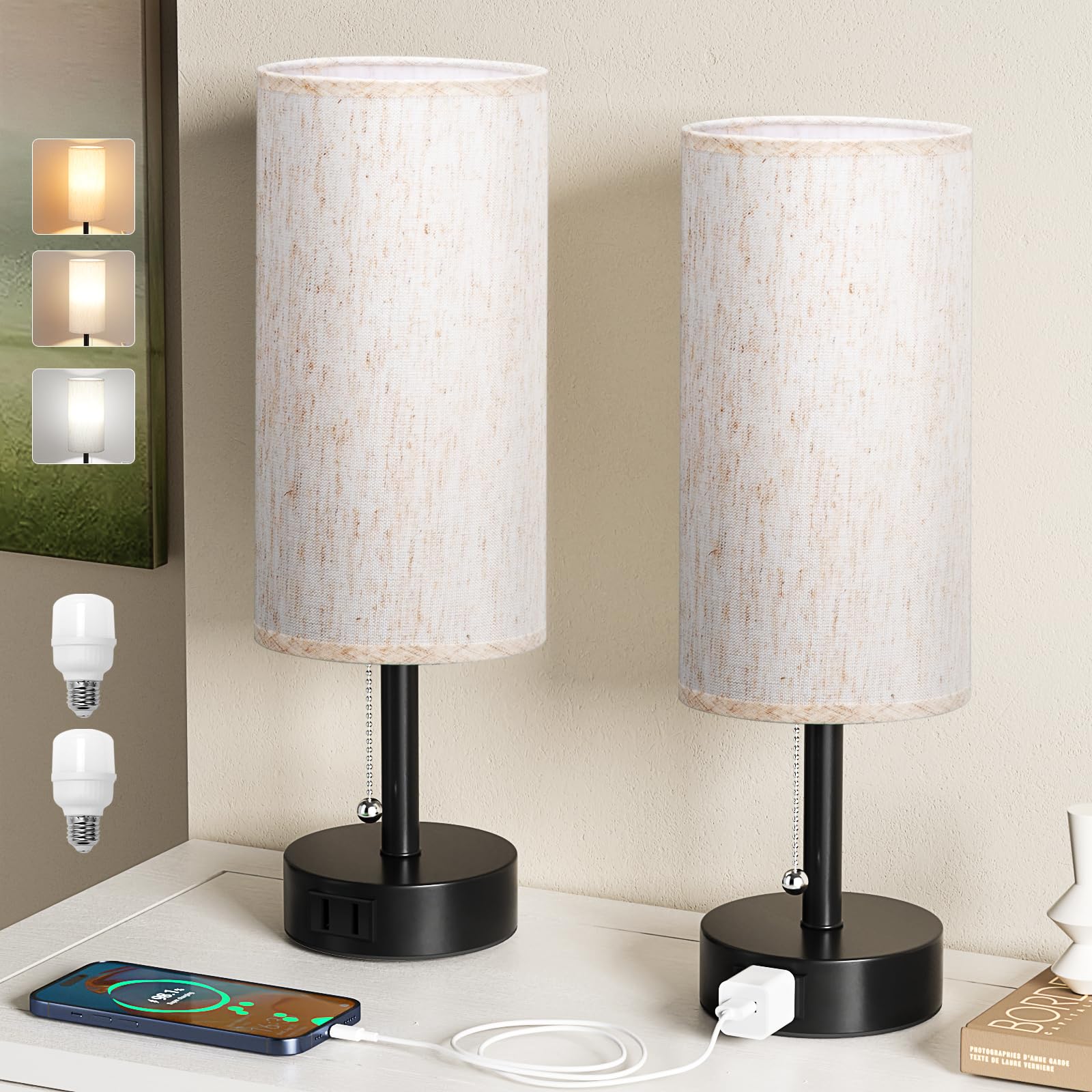 Bedside Table Lamps Set of 2 - 3 Color Temperatures Pull Chain Lamp