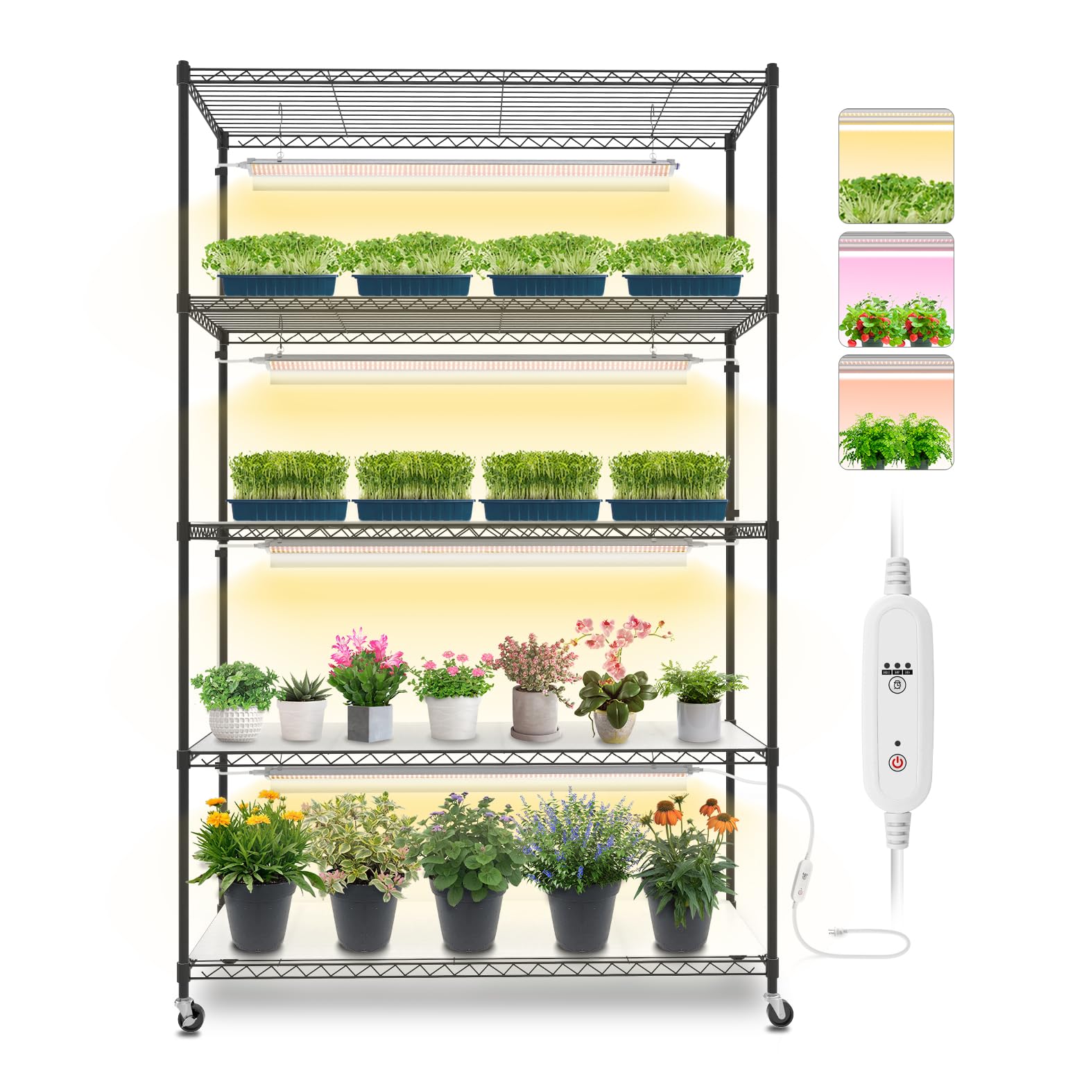 Bstrip Plant Shelf with Grow Lights, 5 Tier Large Tall Plant Stand with 3FT T5 144w Grow Light for Indoor Plants, 3 Mode Full Spectrum LED Plant Light with wheel and Timer for Seedling, 47.2x17.8x71IN