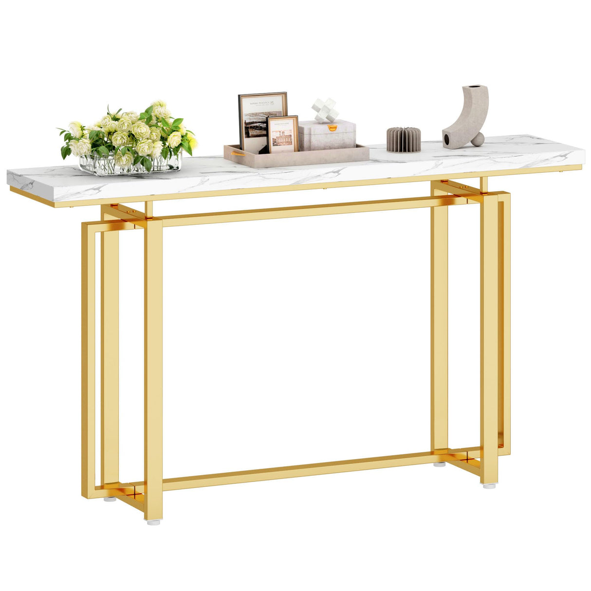 55’’ Gold Console Table, Marble Pattern Top Entry Table, Sofa Table with Gold Metal Leg