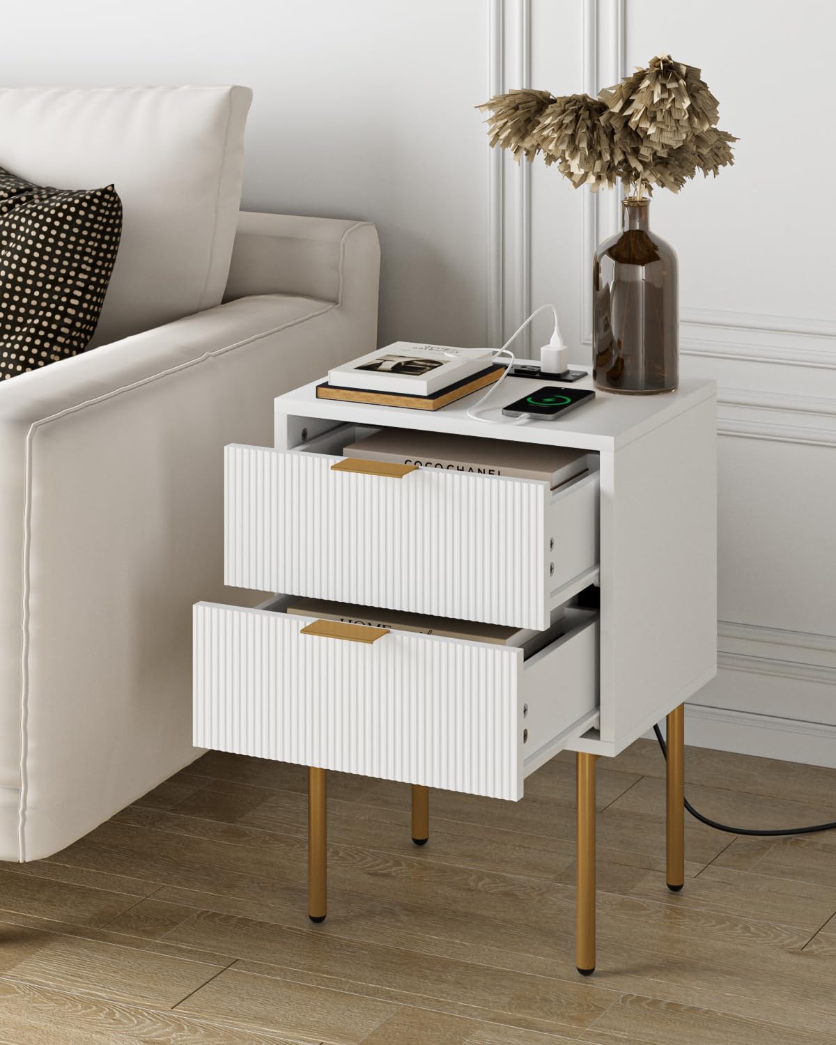 Nightstand with Charging Station, Mid-Century Modern Bedside Table with 2 Storage