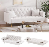 Modern Velvet Futon Sofa Bed, Small Couch, Loveseat, 71" Convertible Futon Sofa with Folding Armrests and 2 Pillows, Comfy Couch for Living Room, Bedroom, Beige