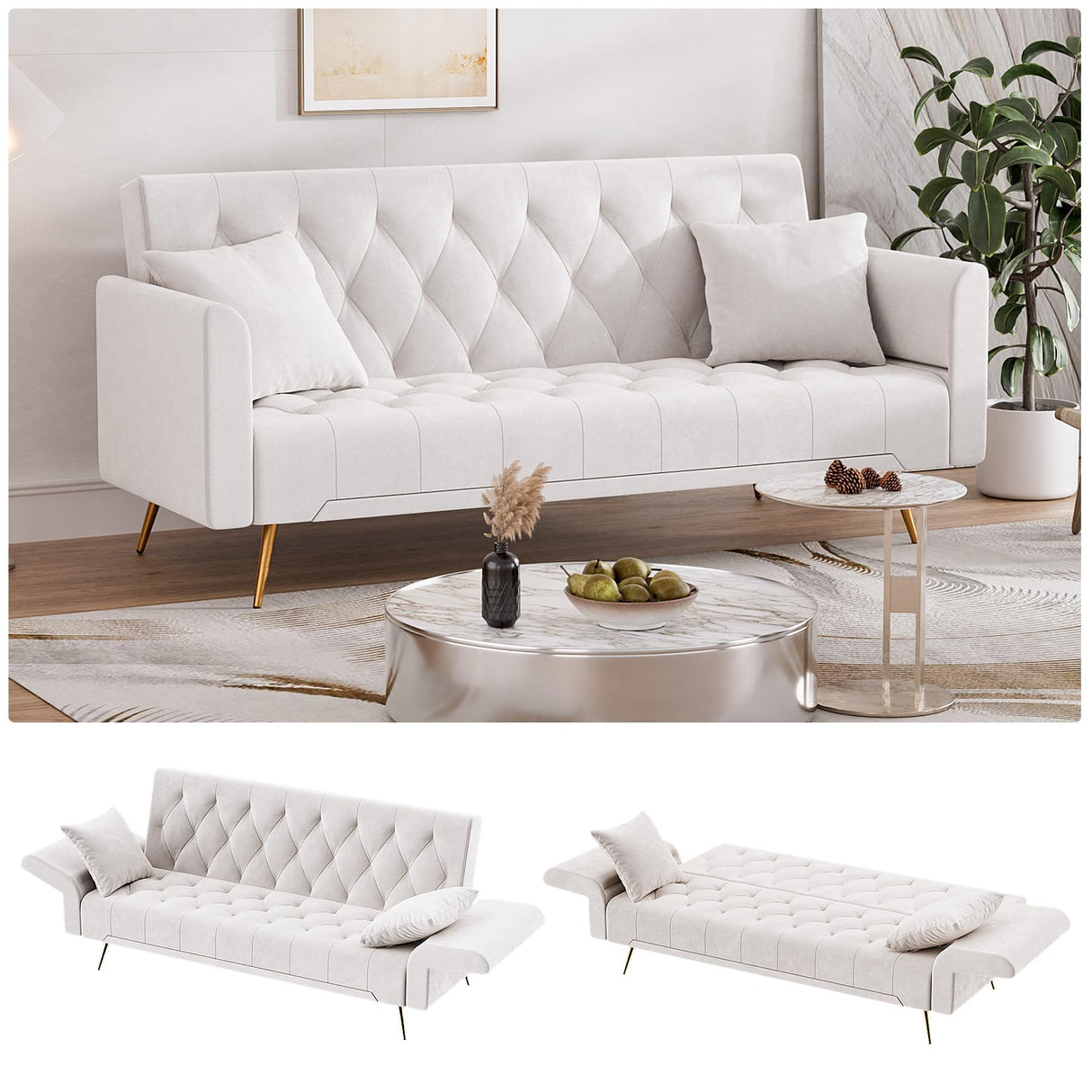 Modern Velvet Futon Sofa Bed, Small Couch, Loveseat, 71" Convertible Futon Sofa with Folding Armrests and 2 Pillows, Comfy Couch for Living Room, Bedroom, Beige