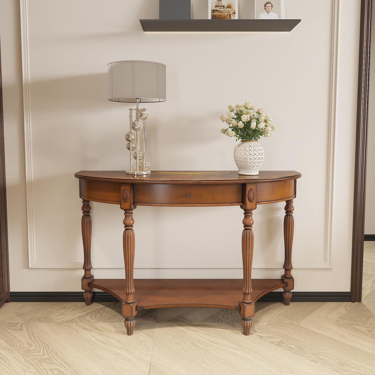 Entry Console Table With Drawer, Semi-Circle Wood Sofa Table with Storage Shelf