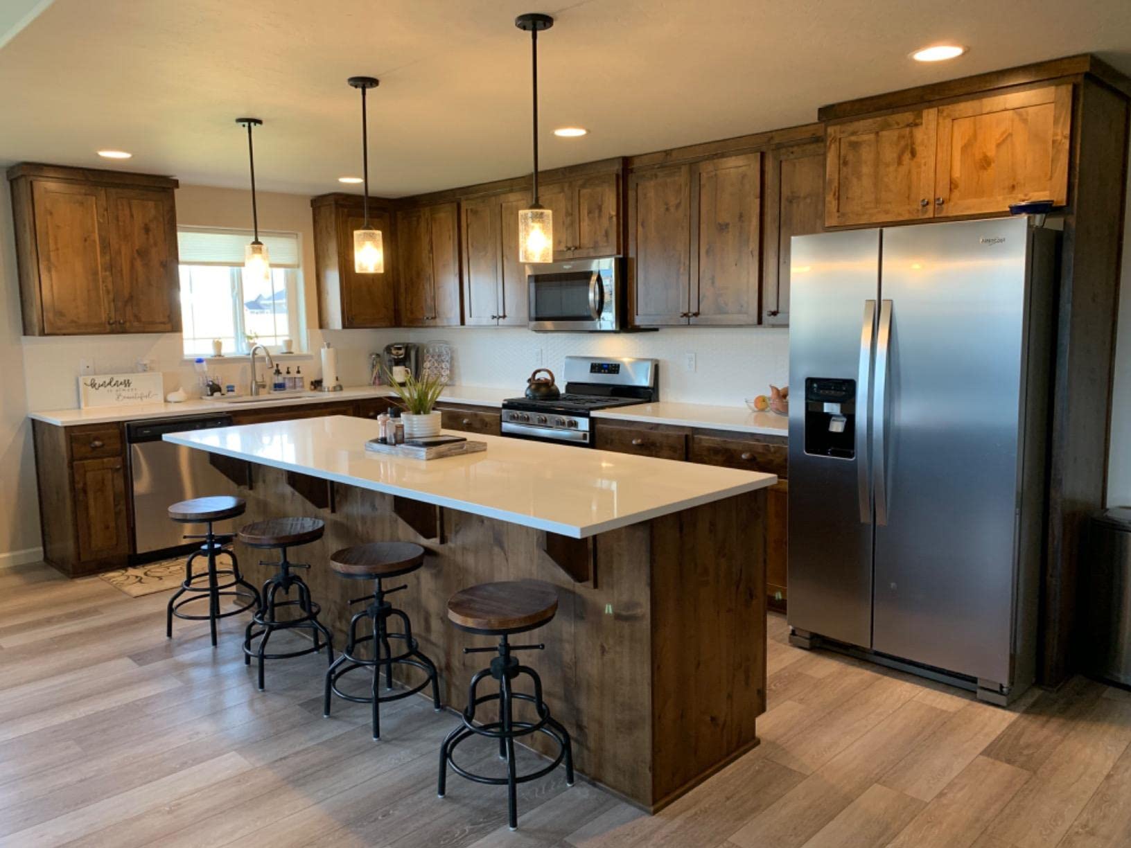 Leick Home 10086BB/HG Upholstered Back Counter Height Stool with Wood Base, Set of 2, for Kitchen Counters and Islands, Blackbean and Gray Wash/Heather Gray