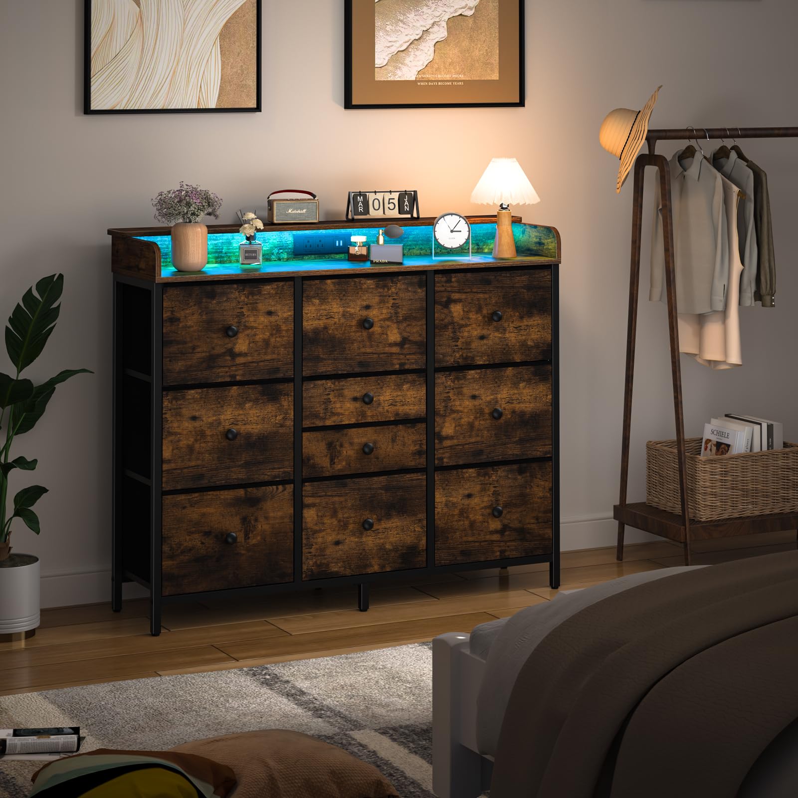 Dresser for Bedroom with Charging Station and LED Lights