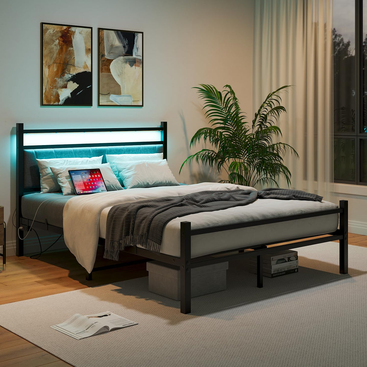 Frame with Upholstered Headboard and Charging Station, LED Lights Bed Frames
