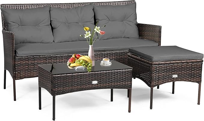 3 Pieces Patio Furniture Sectional Set, Rattan Wicker Conversation Set