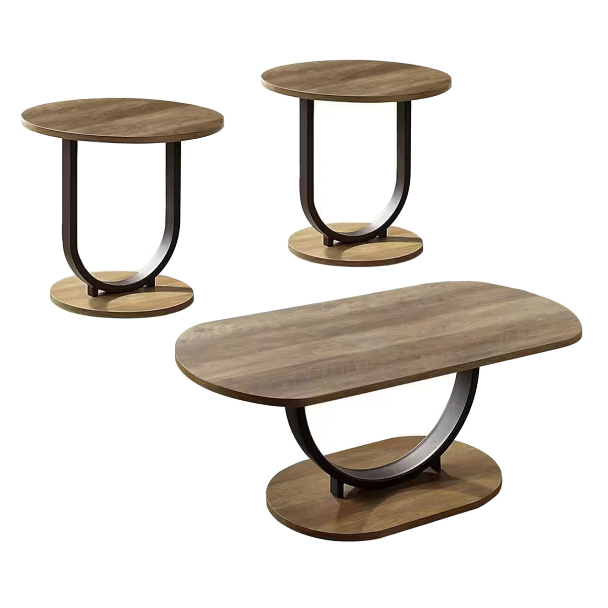 Obin 3 Piece Coffee and End Table Set, MDF, U Shape Steel Base