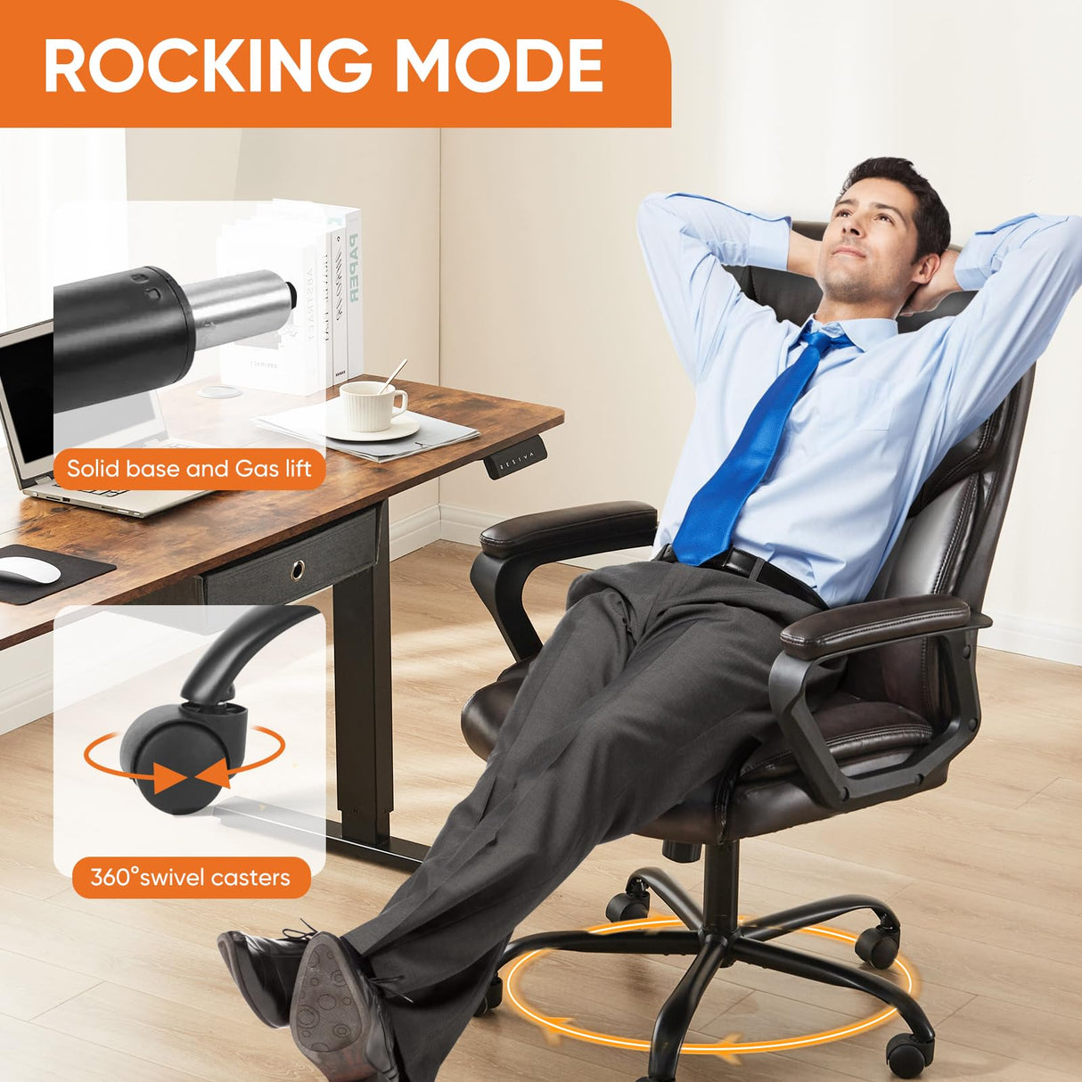 Office Chair, Leather Computer Gaming Chair with Armrests, Adjustable Swivel Rolling Desk