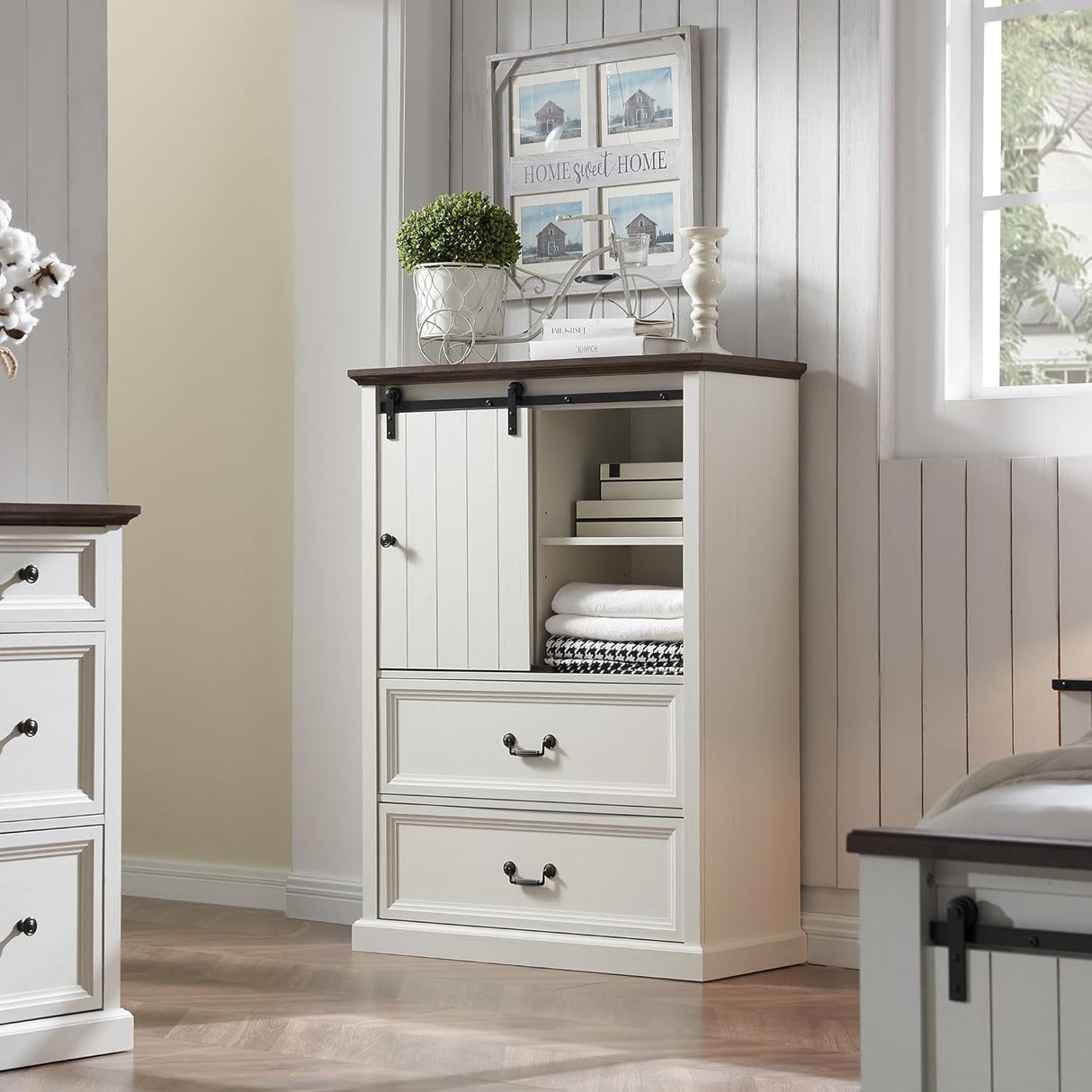 Farmhouse 5 Drawers Dresser for Bedroom, 47" Tall Chest of Drawers w/Sliding Barn Door,