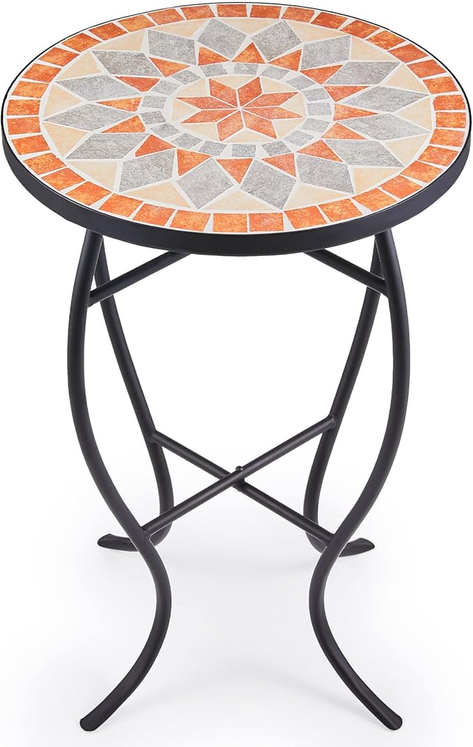 21" Mosaic Plant Stand, 14 Inch Round Side Table with Ceramic Tile Top