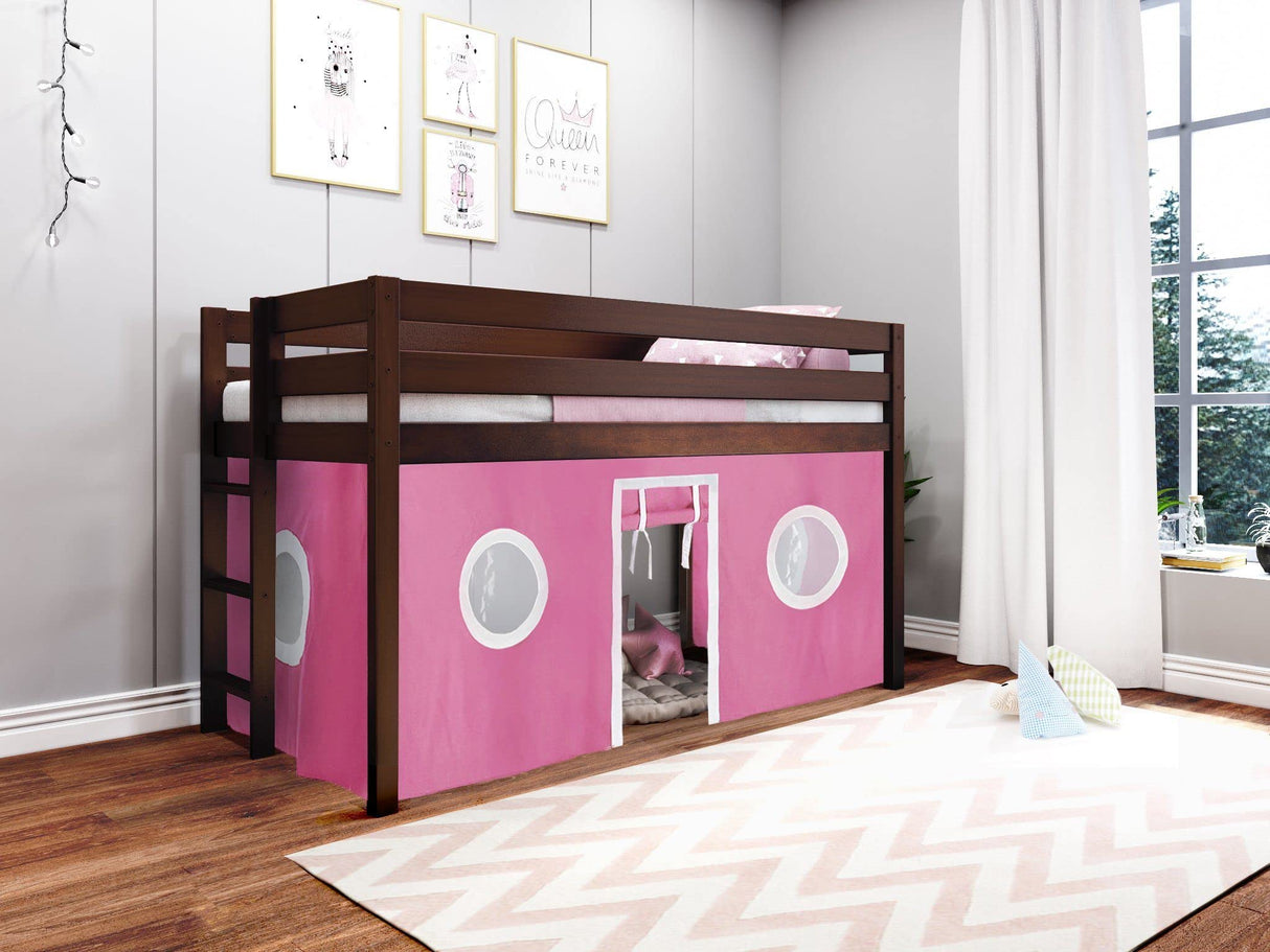 Contemporary Low Loft Twin Bed with End Ladder, Cherry with Pink & White Tent