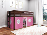 Contemporary Low Loft Twin Bed with End Ladder, Cherry with Pink & White Tent