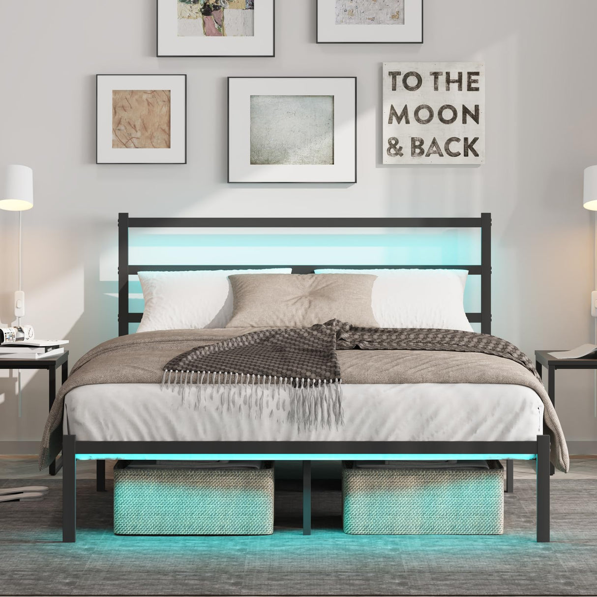 Full Size Bed Frame, with LED Light and Charging Station