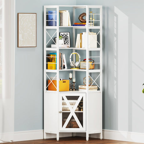 Corner Shelf with Door, 7-Tier Tall Corner Bookshelf, Corner Cabinet with Shelves