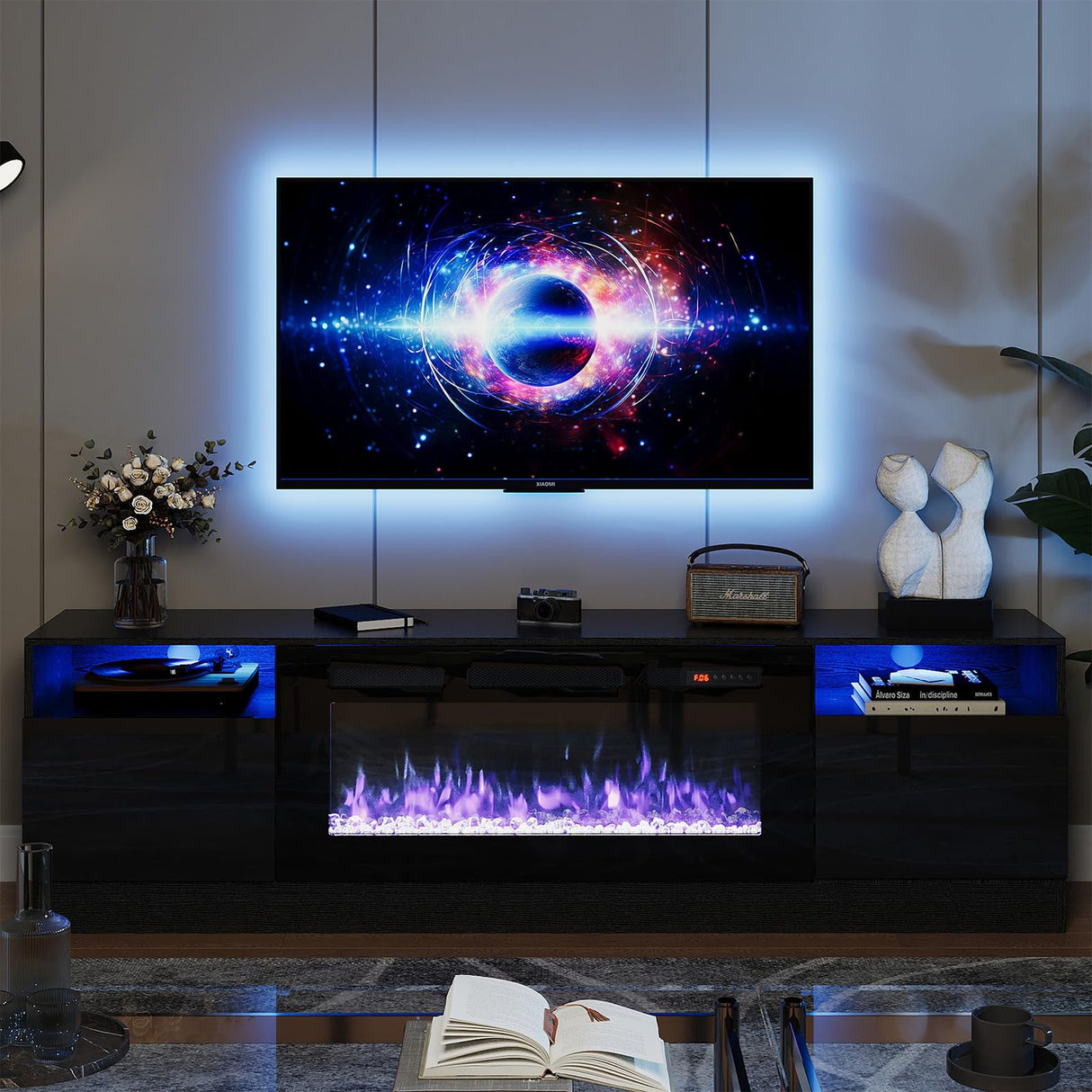 Fireplace TV Stand with 36" Electric Fireplace, LED Light Entertainment Center, Modern