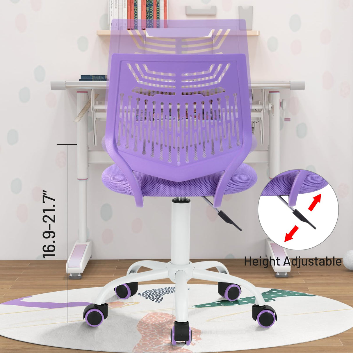 Kids Desk Chair, Armless Home Office Task Chair with Mesh Padded Cushion, Swivel Study Computer Chair with Rolling Wheels for Children Student, Purple