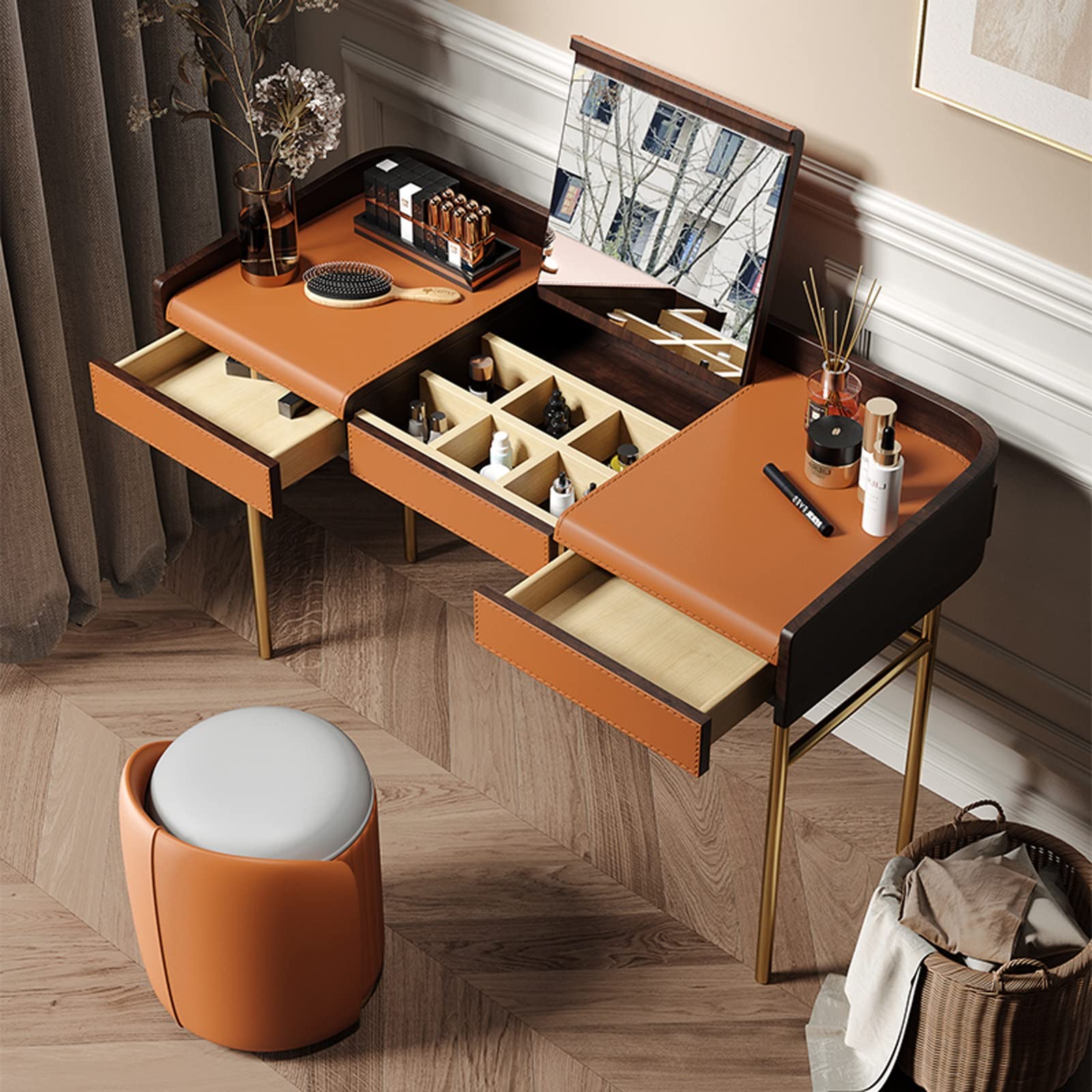 Bedroom Vanity Dresser Dresser Flip Top Leather High-Grade Wood Bedroom Makeup Table Makeup Stool Orange Gray Hidden Makeup Mirror