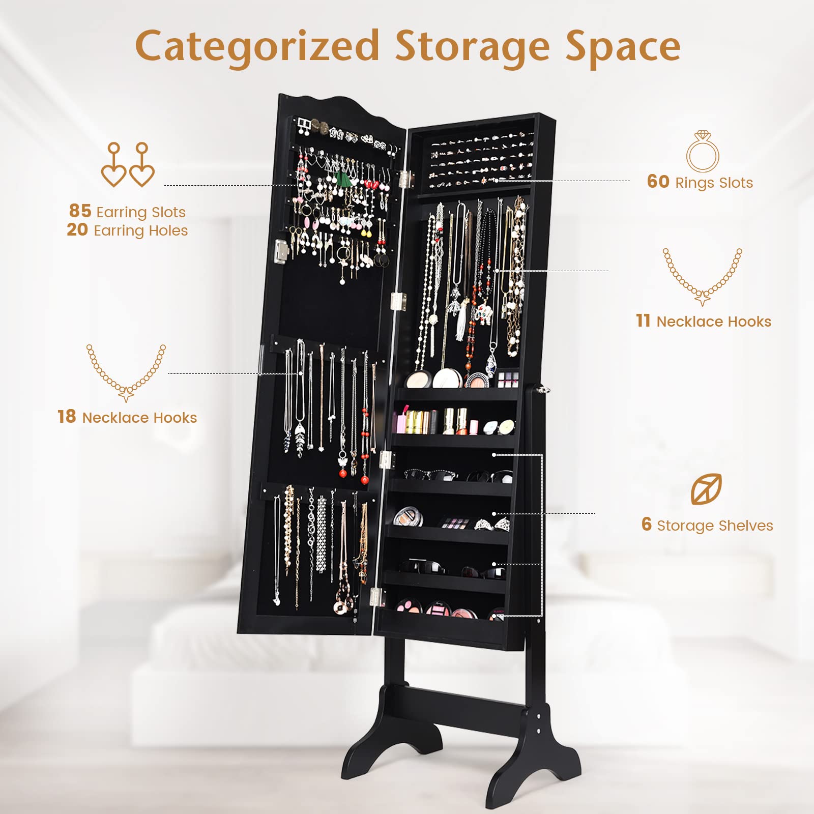 4-Angle Tilting Mirror Jewelry Cabinet with Full-Length Mirror