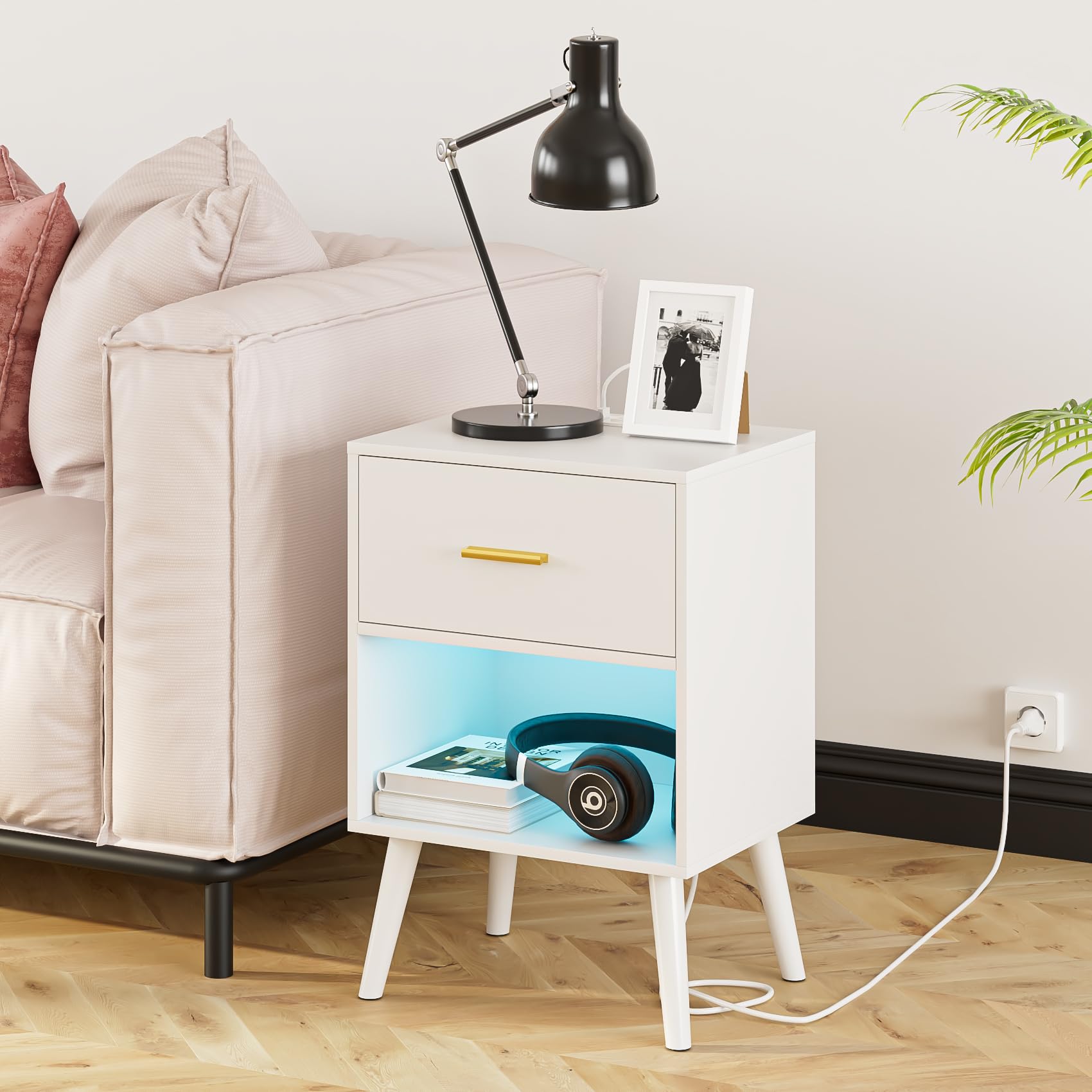 Nightstand with Charging Station and LED Lights, Small Side Table, Bedside Table