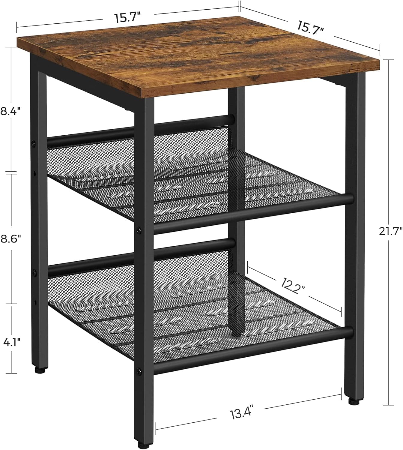 End Table, Nightstand with 2 Adjustable Mesh Shelves, Industrial Side Table
