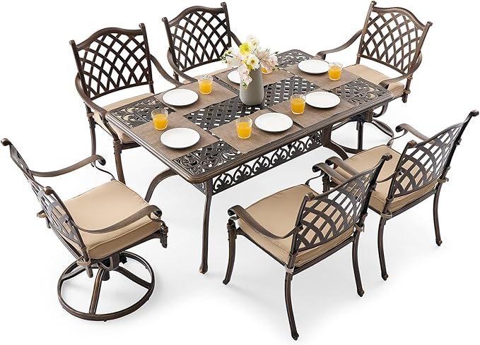 7 Piece Cast Aluminum Outdoor Dining Set Retro Patio Dining Set for 6 Includes 59” Rectangular Table and 6 Chairs