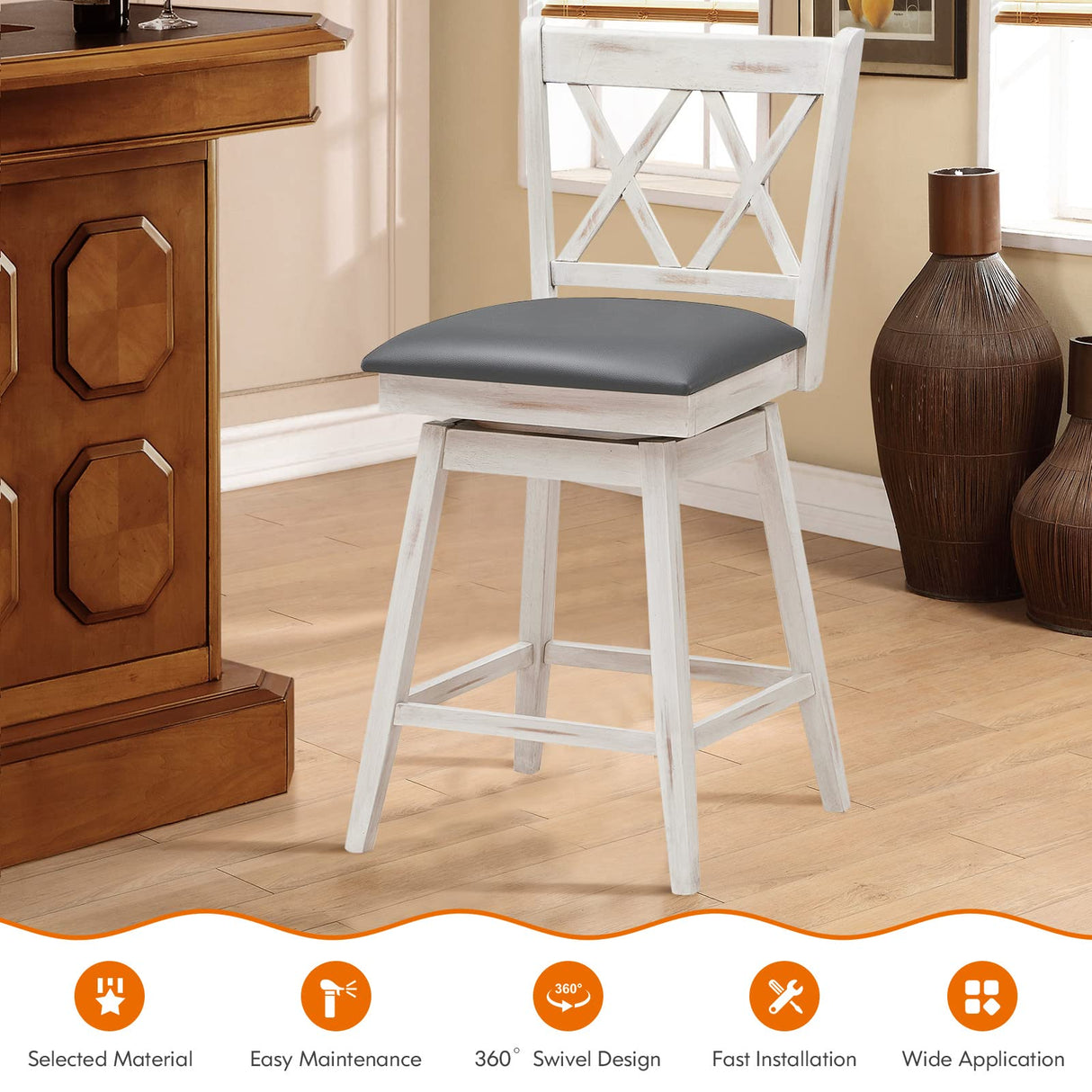 Bar Stool Set of 2, 360° Swivel Counter Height 25inch Bar Stool