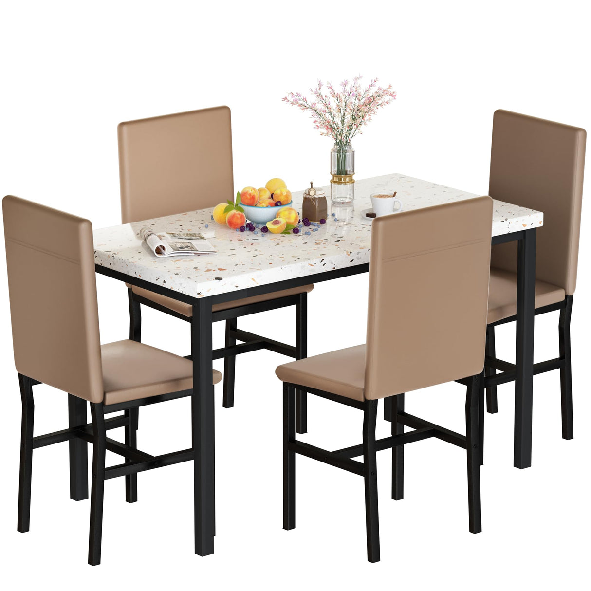 Dining Table Set for 4 with 4 PU Leather Chairs, 5-Piece Kitchen & Dining Room Sets,