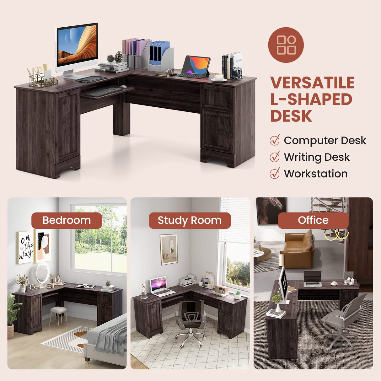 L-Shaped Office Desk with Storage Drawers & Keyboard Tray, Home Office Corner