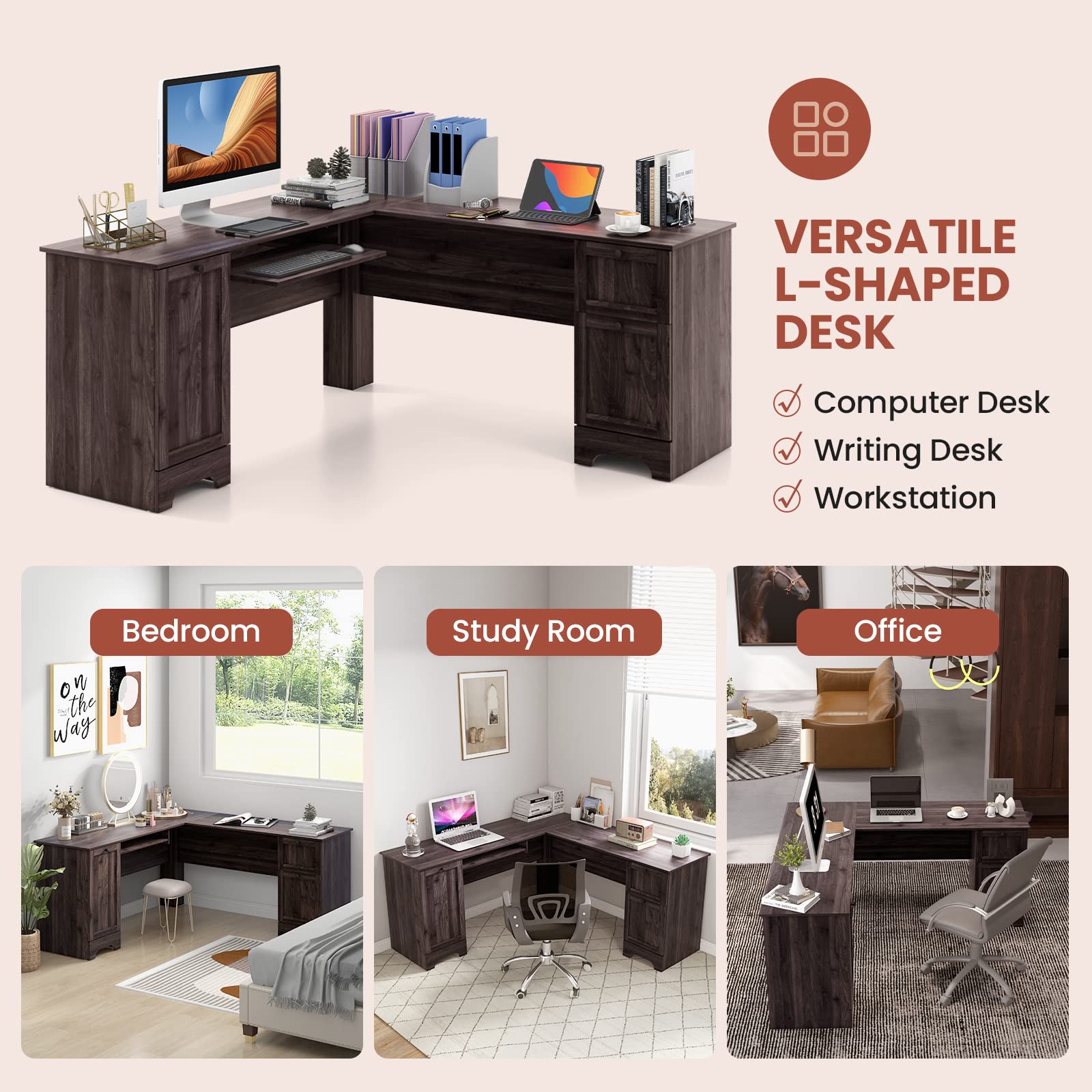 LuxeSpace L-Shaped Office Desk with Storage & Ergonomic Keyboard Tray