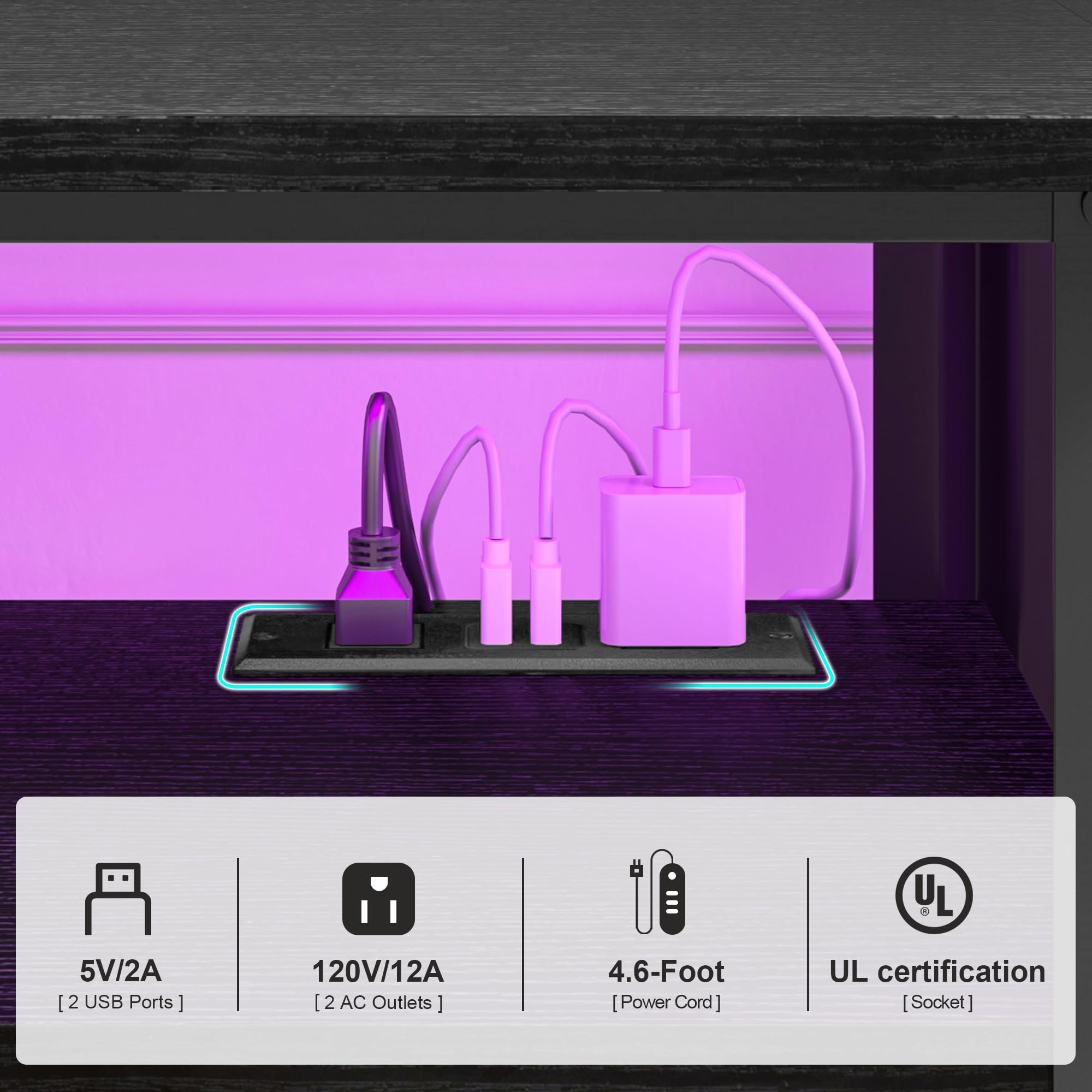 Industrial Metal TV Stand with RGB LED Lights & Power Outlets