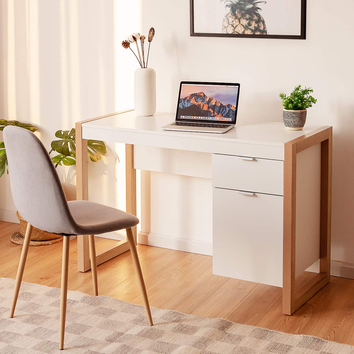 White Desk with Drawer & Cabinet, Wooden Home Office Desk