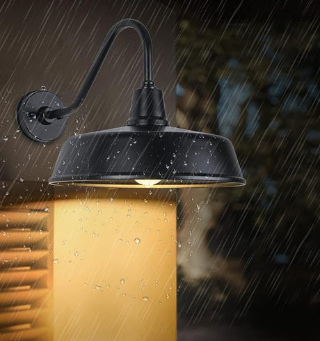 Outdoor Gooseneck Barn Light Fixture with a 15 inch Long Extended Arm - Dusk to Dawn Porch Light