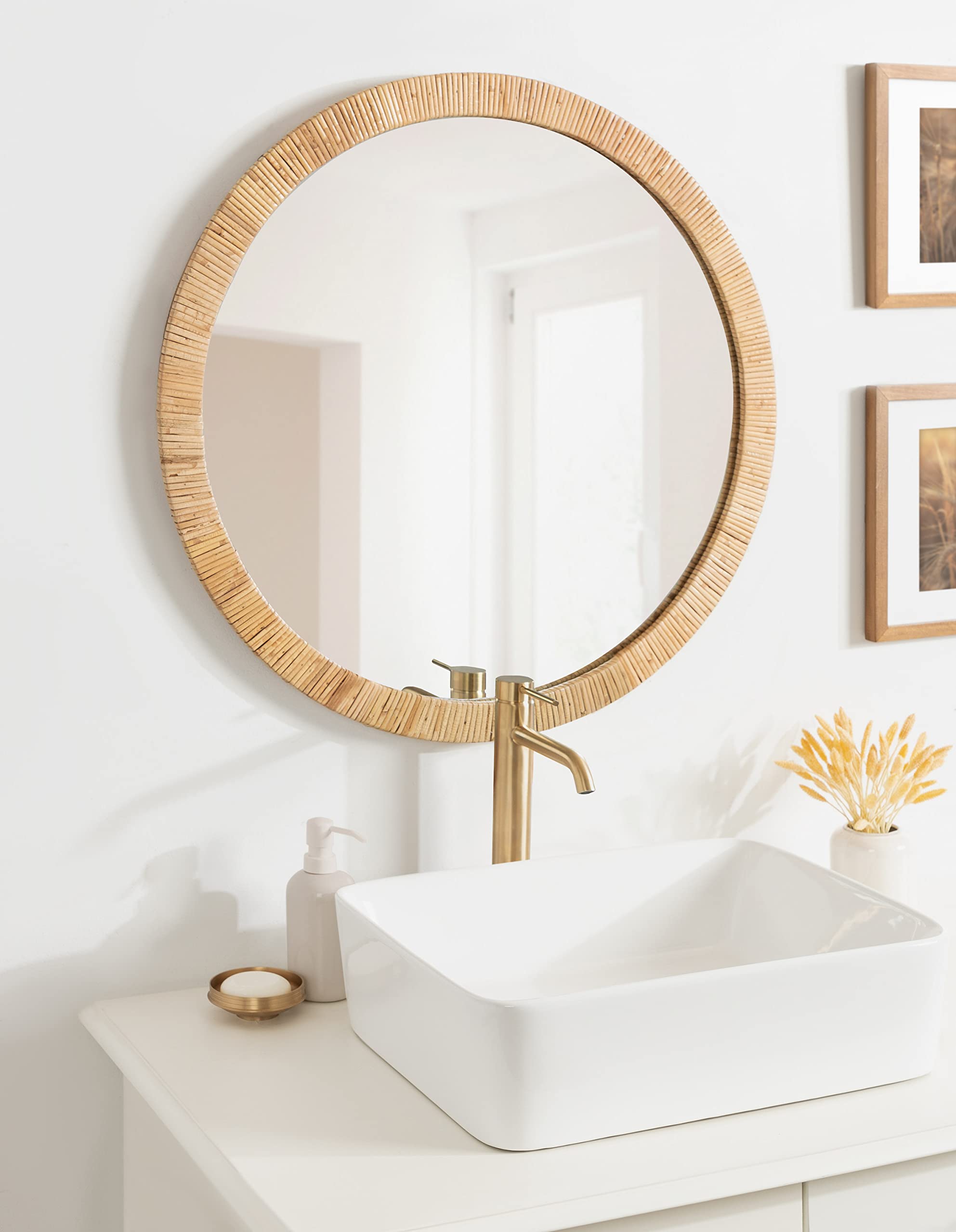Rahfy Boho Round Rattan Mirror, 28 Inch Diameter, Natural Wood, Decorative Round Wood