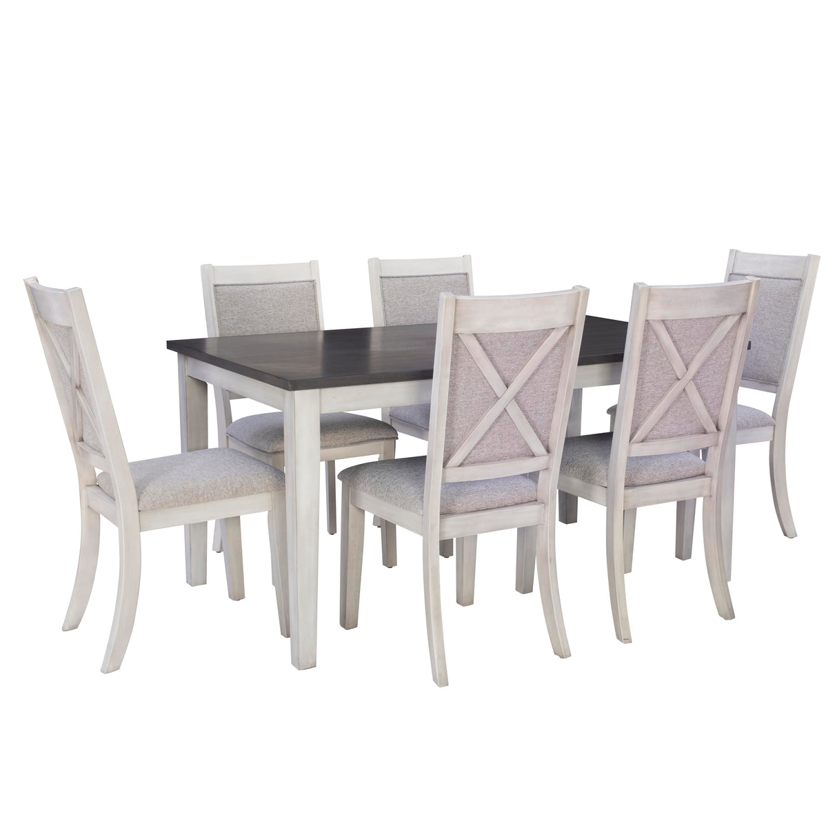 White and Dark Grey Sibley Seven Piece Dining Set with Beige Speckled Upholstery