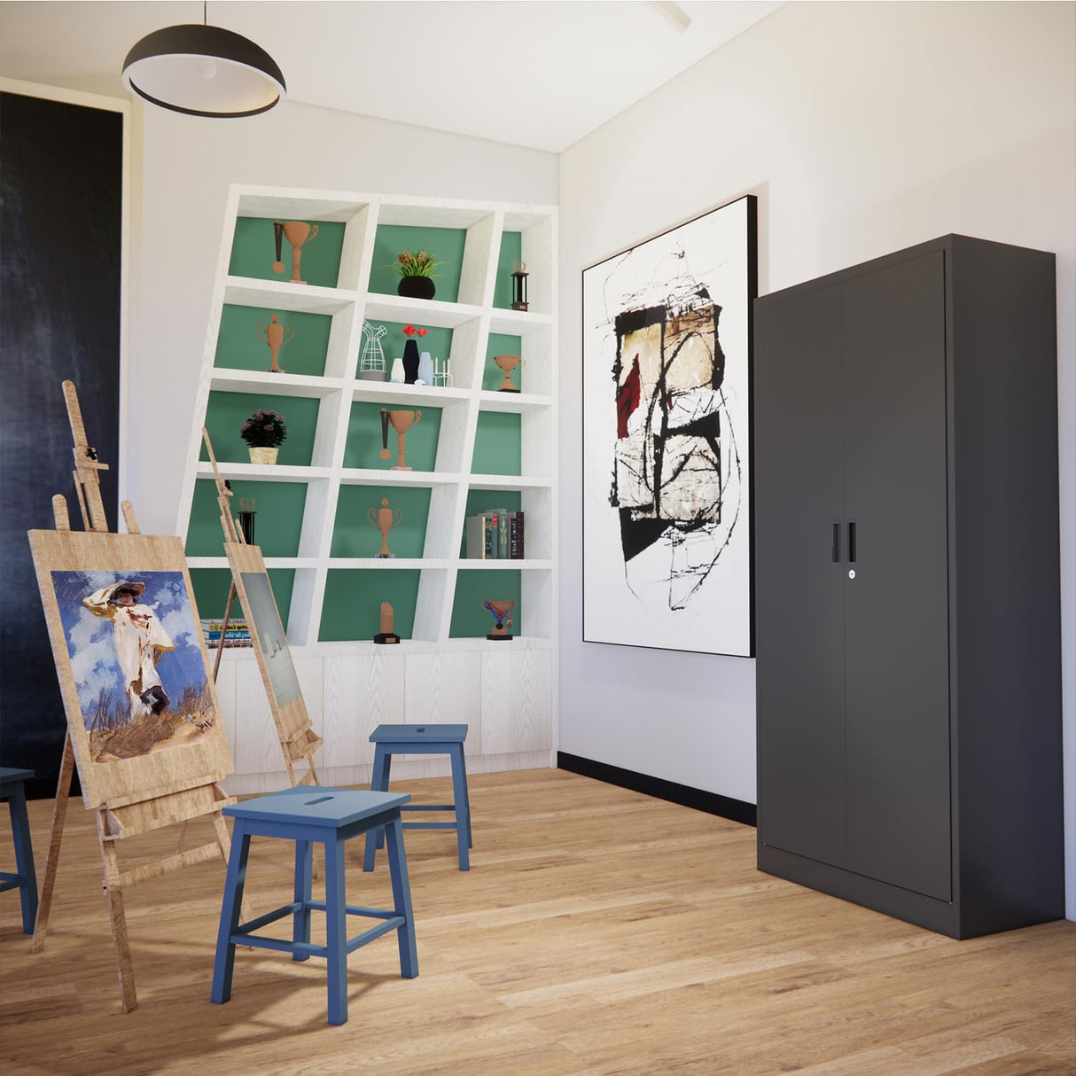 Metal Storage Cabinet with 2 Doors and 4 Shelves, Lockable Steel Storage