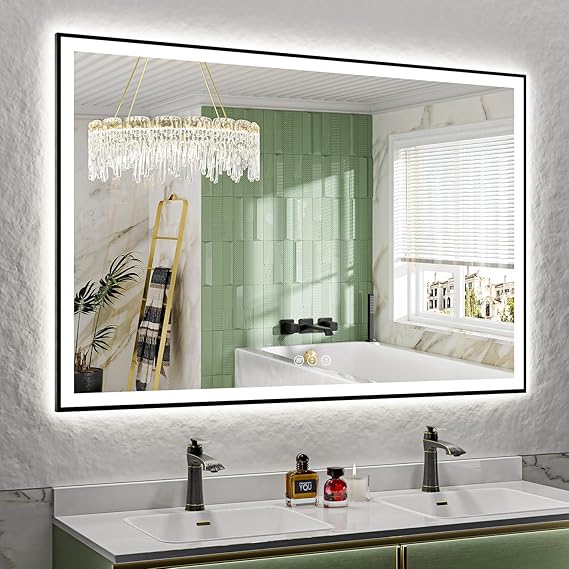 60x40 Inch LED Bathroom Mirror with Lights (Front Lit and Backlit) Black Framed Lighted