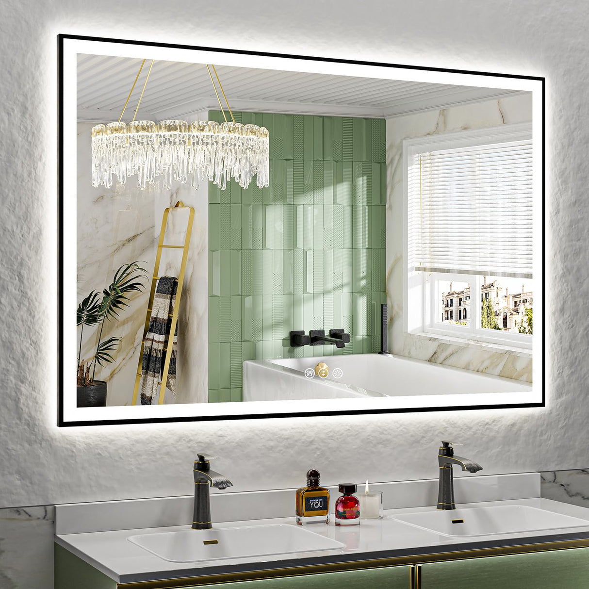 60x40 Inch LED Bathroom Mirror with Lights (Front Lit and Backlit) Black Framed Lighted