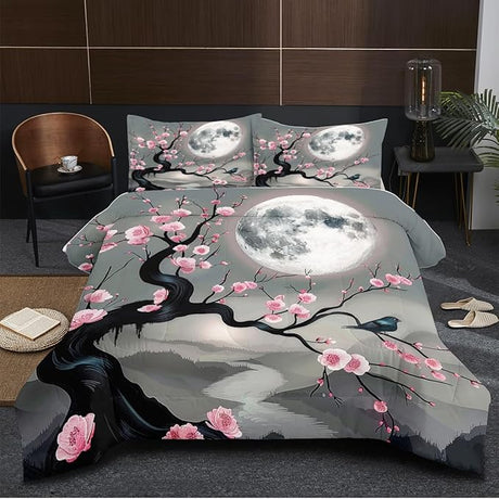 Pink Floral Butterfly Comforter Bedding Set King Size Japanese Cherry Blossom Bed Sets