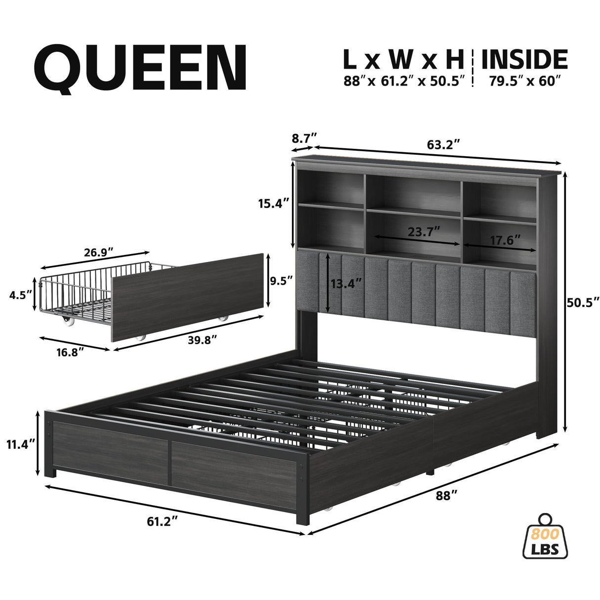 Queen Bed Frame with Headboard, Wood Bed Frame with High Storage Bookcase