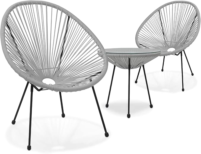 Outdoor Acapulco Chair Set 3-Piece with Glass Top Table, Lightweight All-Weather Woven