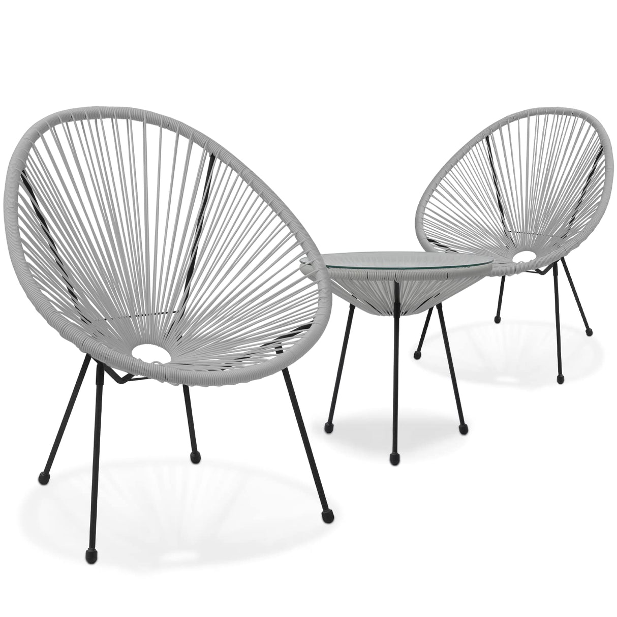 Outdoor Acapulco Chair Set 3-Piece with Glass Top Table, Lightweight All-Weather Woven