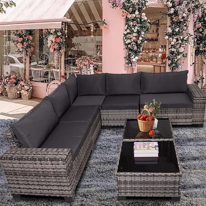 7 Piece Outdoor Wicker Patio Furniture Sectional Set, Wide Handrail Modular Conversation with Washable Cushions & Glass Coffee Table for Garden, Poolside, Backyard (Greywhite-Dark Blue)