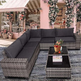 7 Piece Outdoor Wicker Patio Furniture Sectional Set, Wide Handrail Modular Conversation with Washable Cushions & Glass Coffee Table for Garden, Poolside, Backyard (Greywhite-Dark Blue)