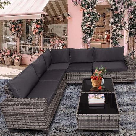 7 Piece Outdoor Wicker Patio Furniture Sectional Set, Wide Handrail Modular Conversation