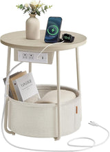 Charging Station, Round End Table With Fabric Basket, Nightstand with Power Outlets USB Ports, for Living Room, Bedroom, Modern, Jelly Pink and Cream White ULET228R01