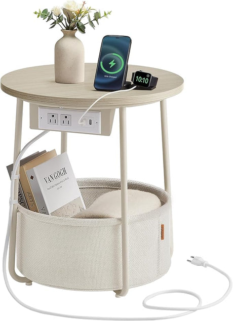 Charging Station, Round End Table With Fabric Basket, Nightstand with Power Outlets USB Ports, for Living Room, Bedroom, Modern, Jelly Pink and Cream White ULET228R01